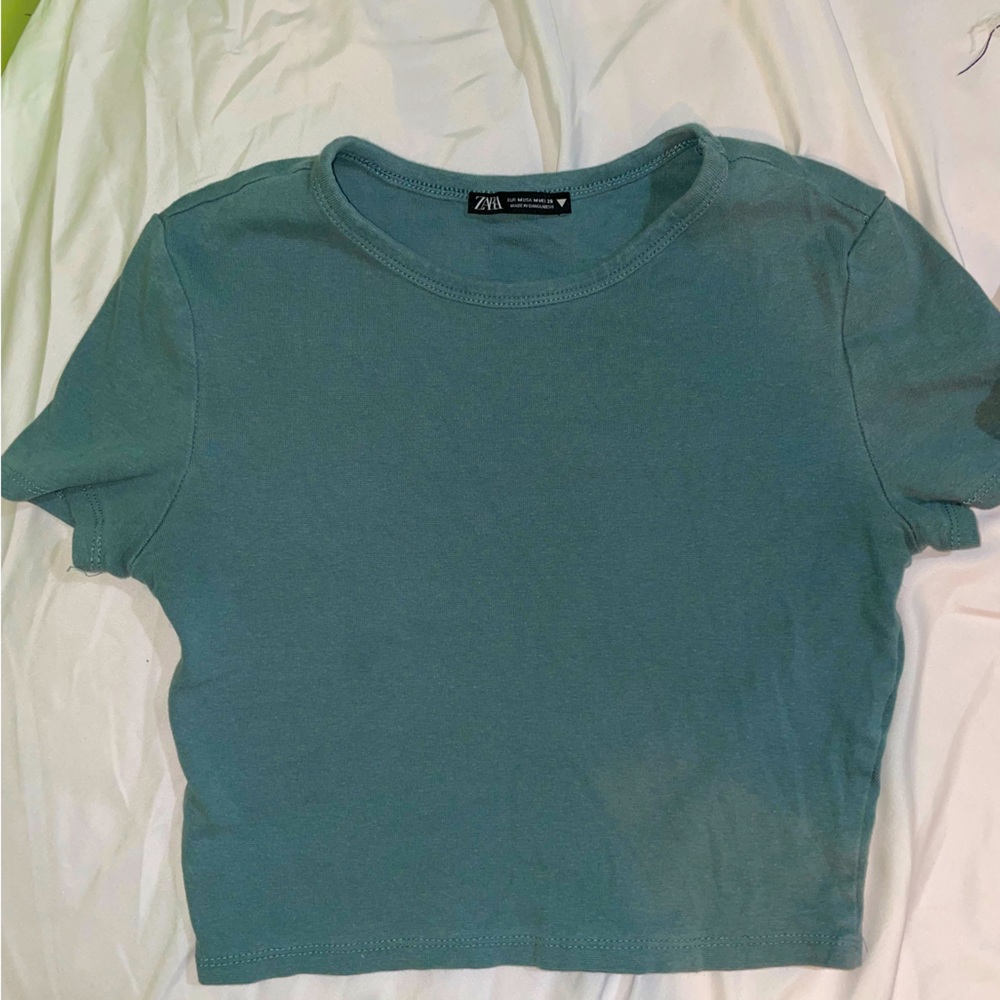 Distressed teal cropped shirt